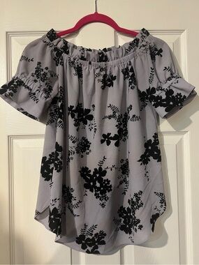 Michael Kors Blooming Bouquet Shoulder Lavender Mist Black Floral Top Medium